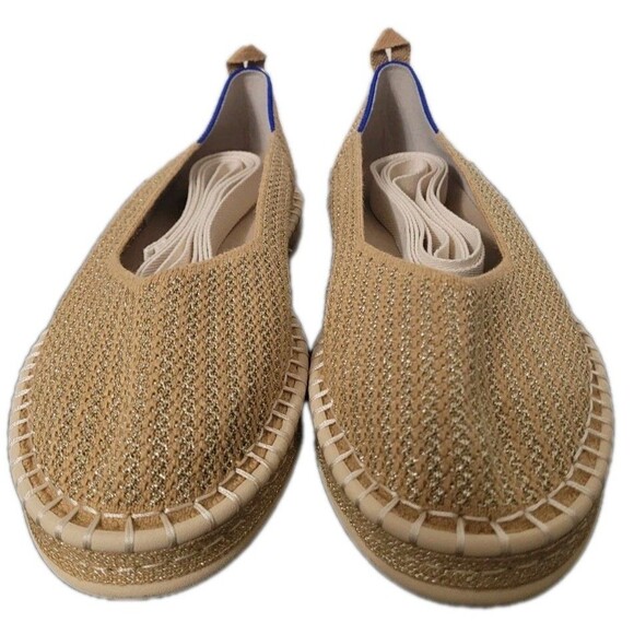 Rothy’s Espadrille Gold Stripe Ballet Wrap Tie Flats Ivory Women’s 10 NWOT Rare - Picture 1 of 13
